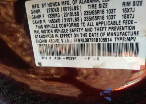 2008 Honda Odyssey Ex-L из США, поврежденный, VIN 5FNRL38728B105914